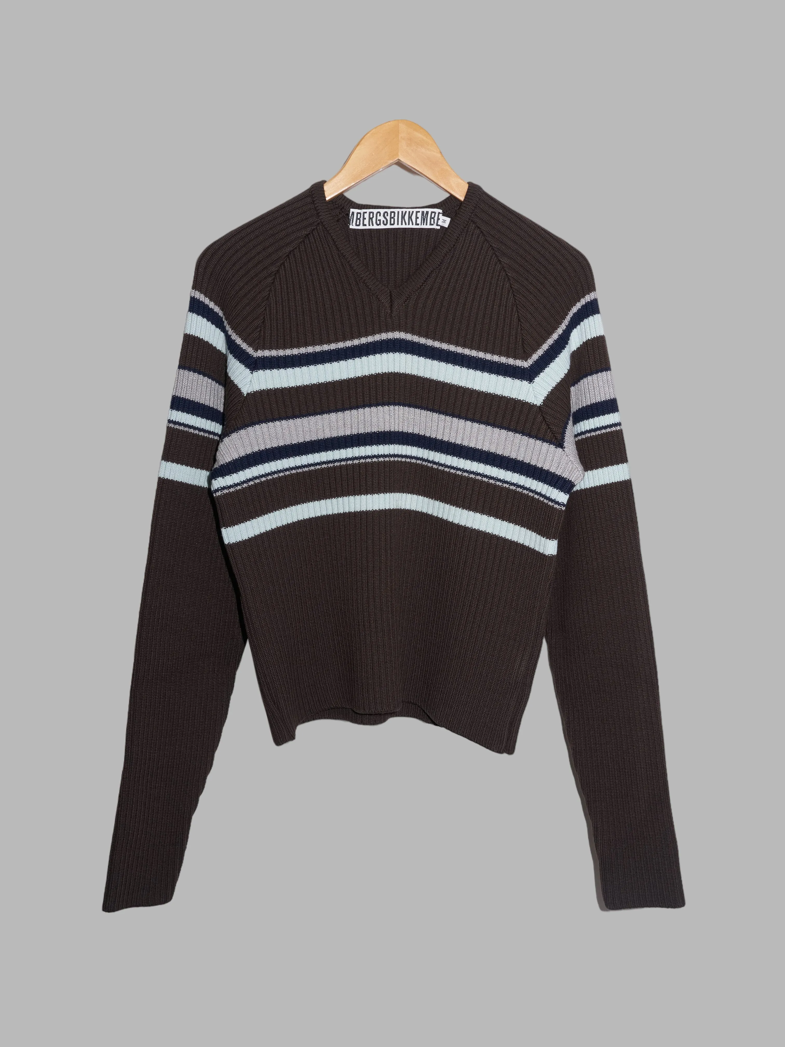 Dirk Bikkembergs brown wool rib knit striped v-neck jumper - M