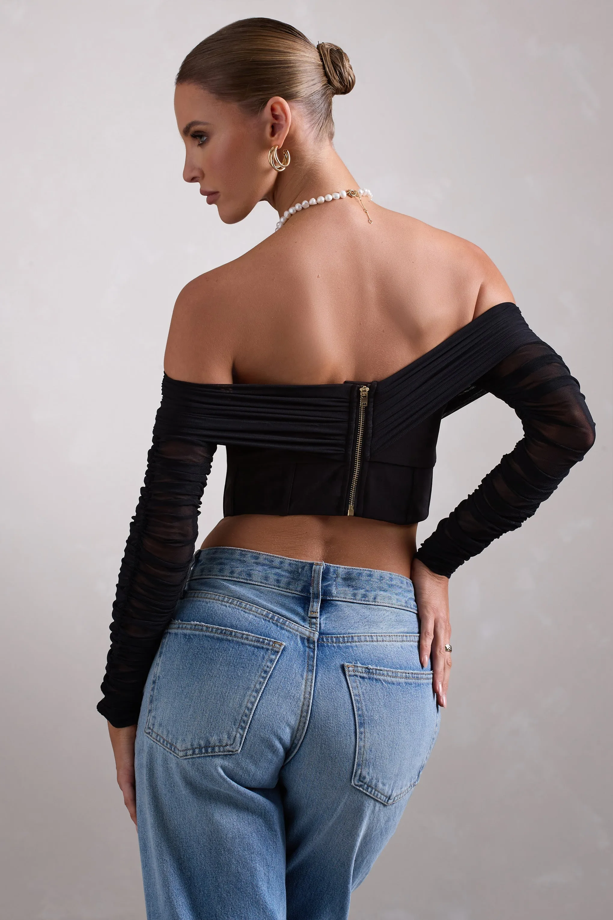 Dramatic | Black Sheer Bardot Long-Sleeved Corset Top