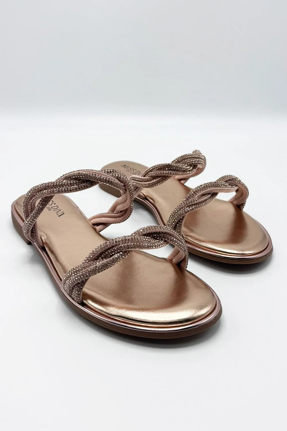 Eldoria Diamante Plaited 2 Strap Sliders in Rose Gold