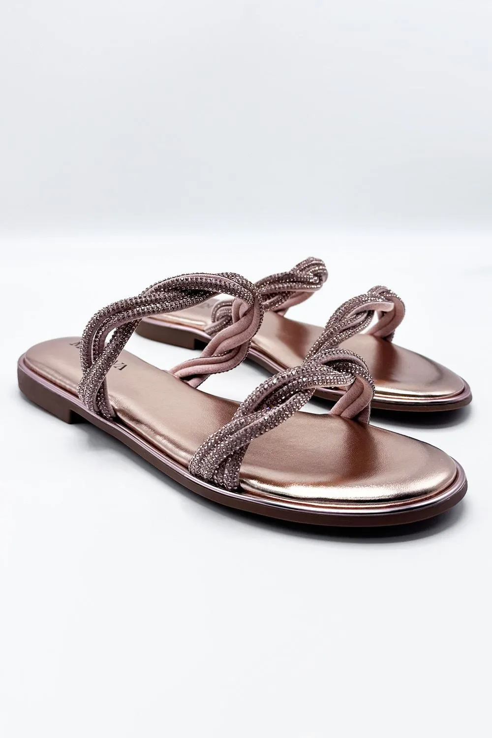 Eldoria Diamante Plaited 2 Strap Sliders in Rose Gold