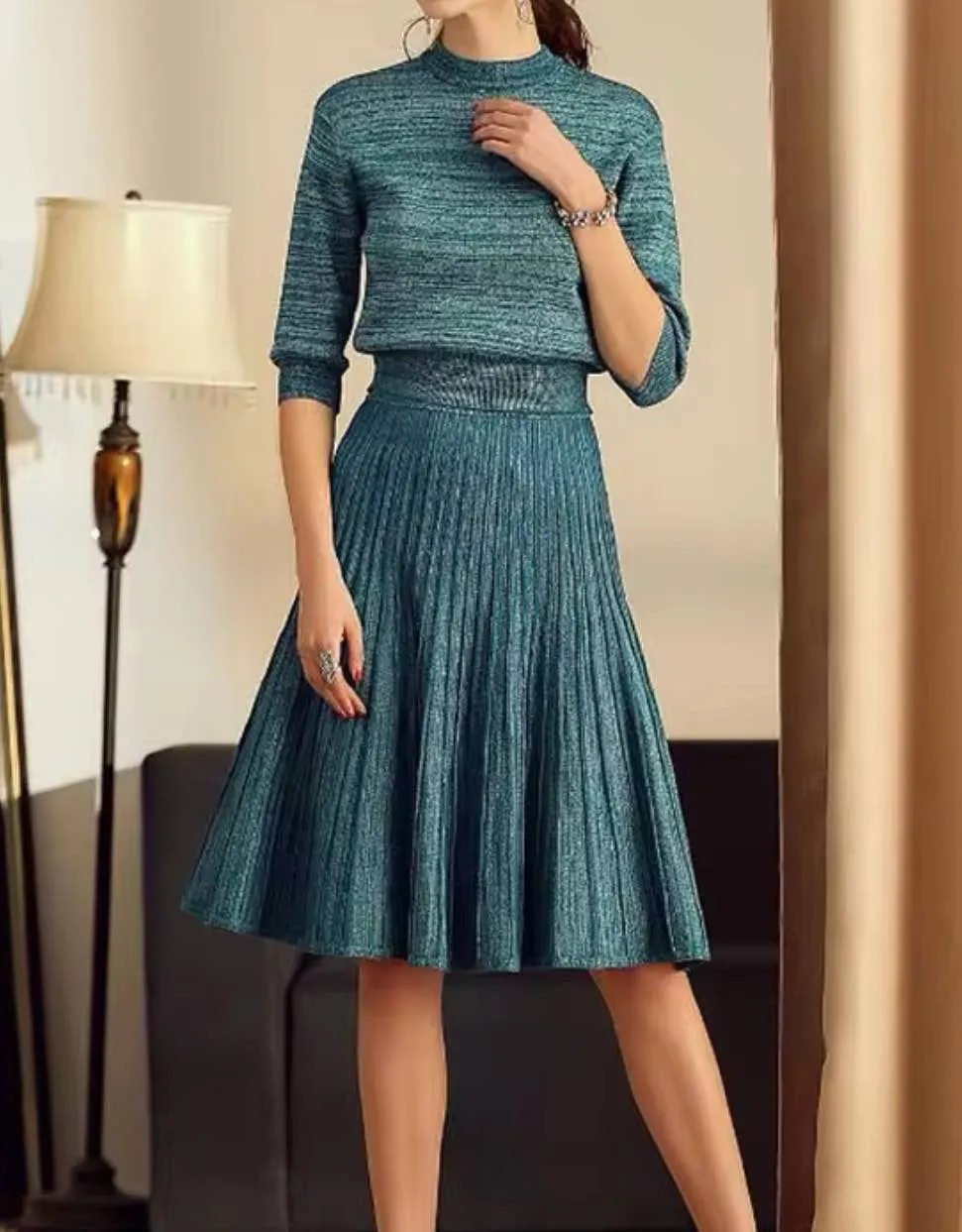 Elegant Knitted Midi Skirt And Long Sleeve Top Set