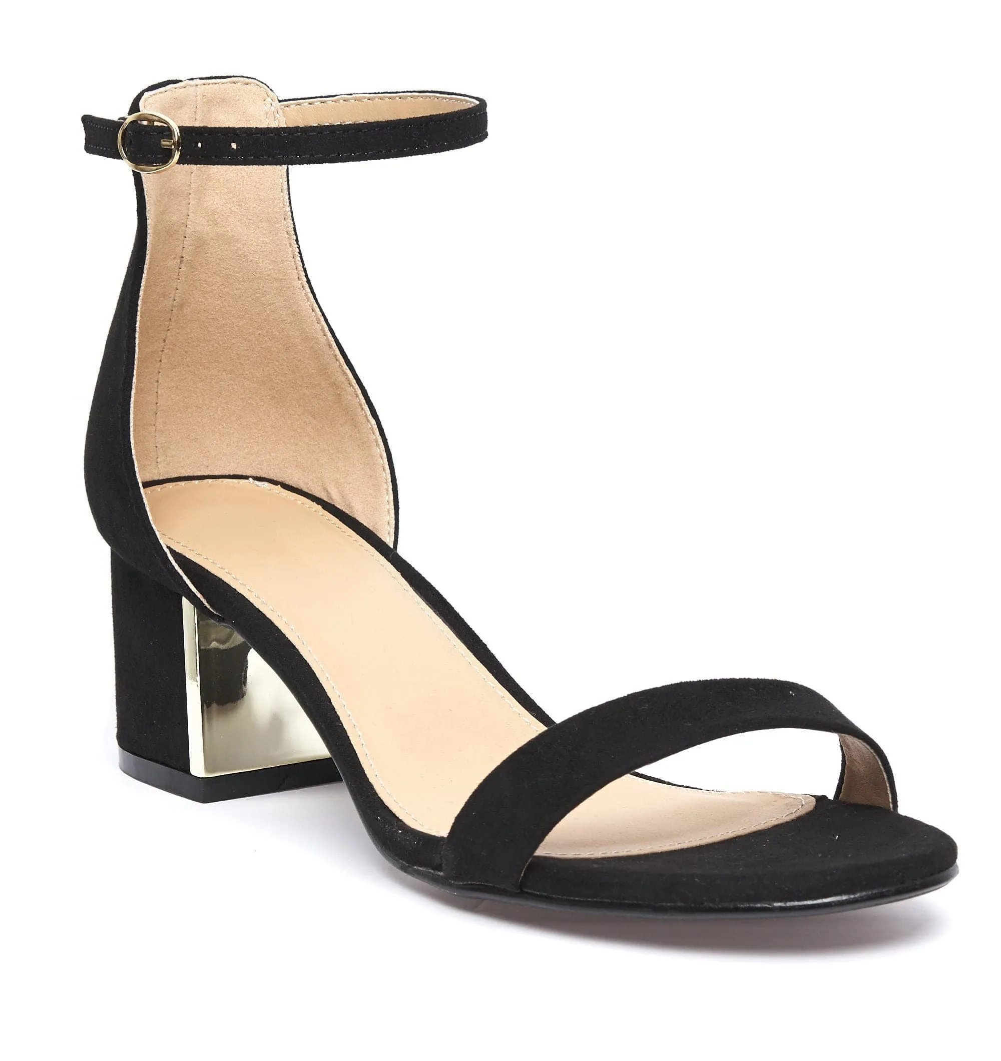 Elodie Gold Trim Anklestrap Sandal in Black Suede