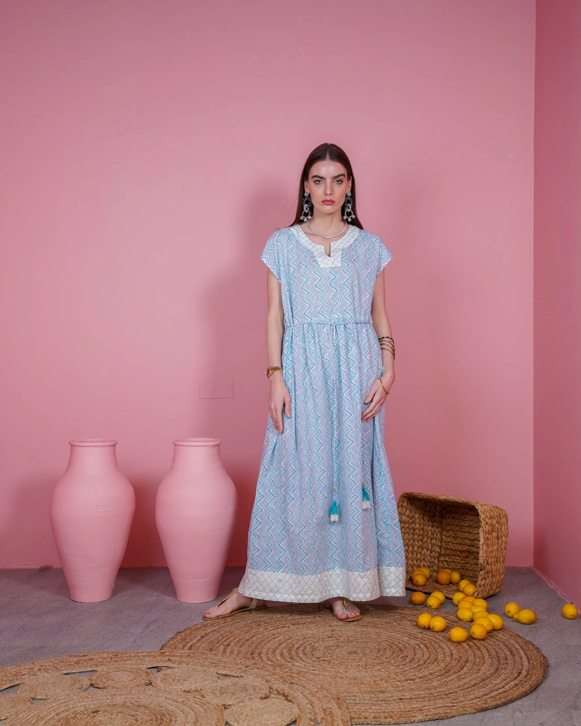 Embroidered neck and bottom design and waist gathered with tie and sleeveless cotton kaftan 2592 - قفطان