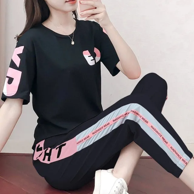 Fashion Tracksuit Women Summer New Trend T-shirt 9 Points Pants Two Piece Set Korean Plus Size Loose Casual 2 Piece Set Women