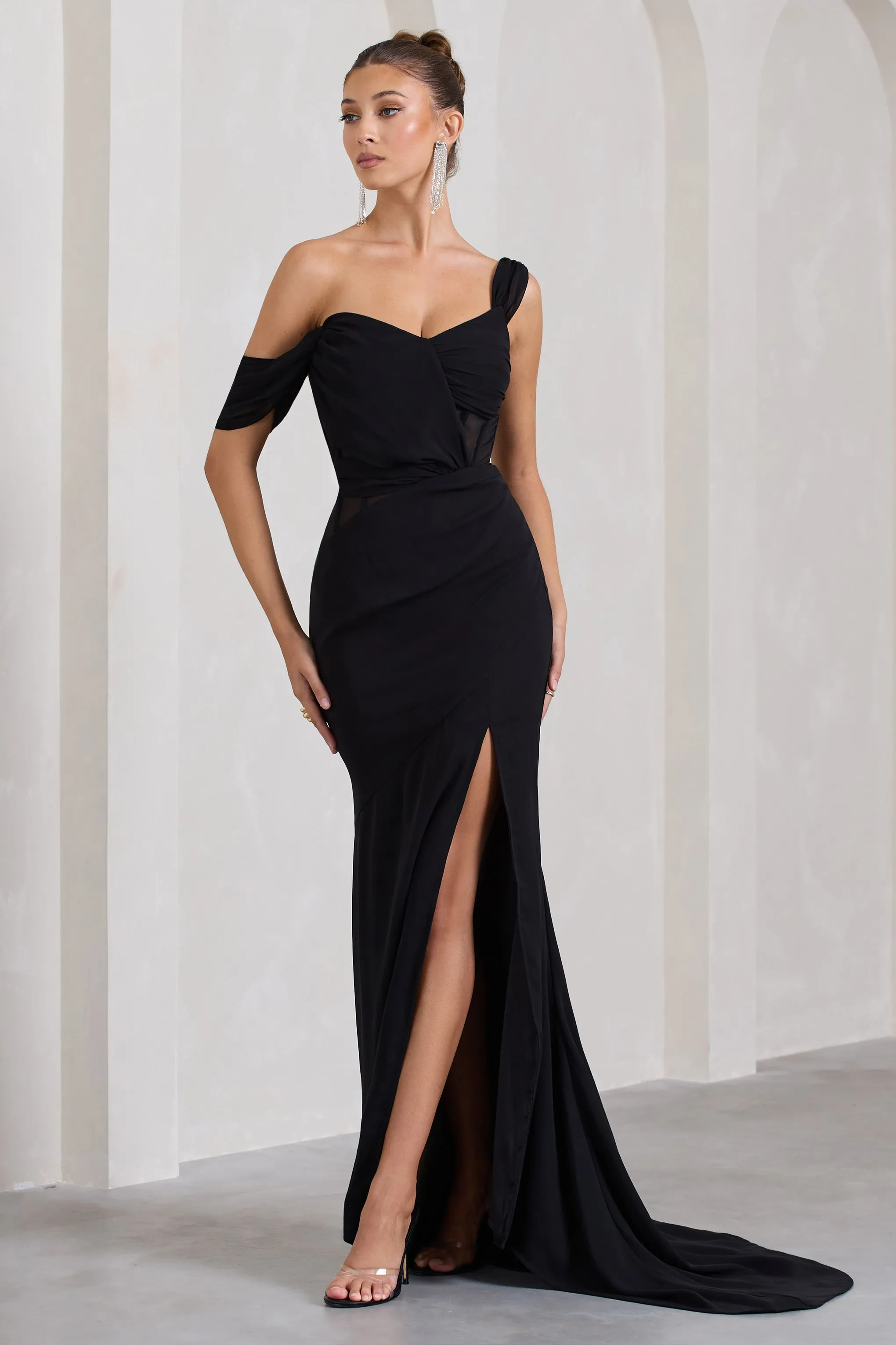 Fatal Attraction | Black Chiffon Fishtail Maxi Dress With Draped Sleeves