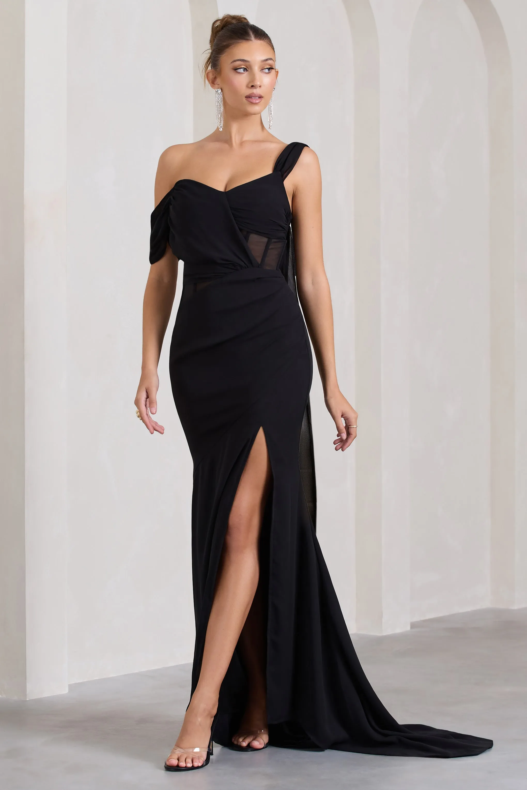 Fatal Attraction | Black Chiffon Fishtail Maxi Dress With Draped Sleeves