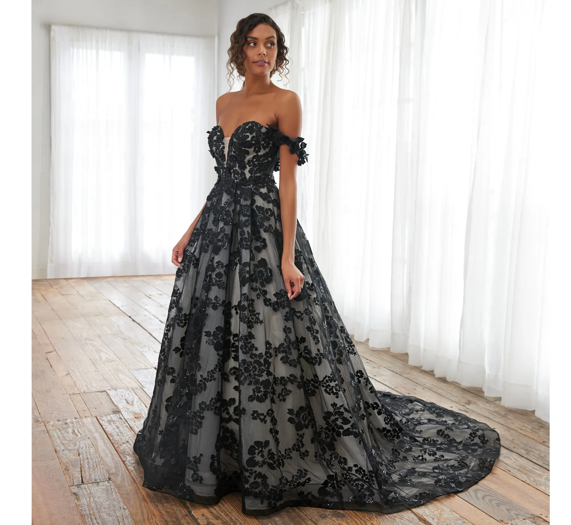 Floral Hand-Beaded Strapless A-Line Gown In Black Oyster Nude