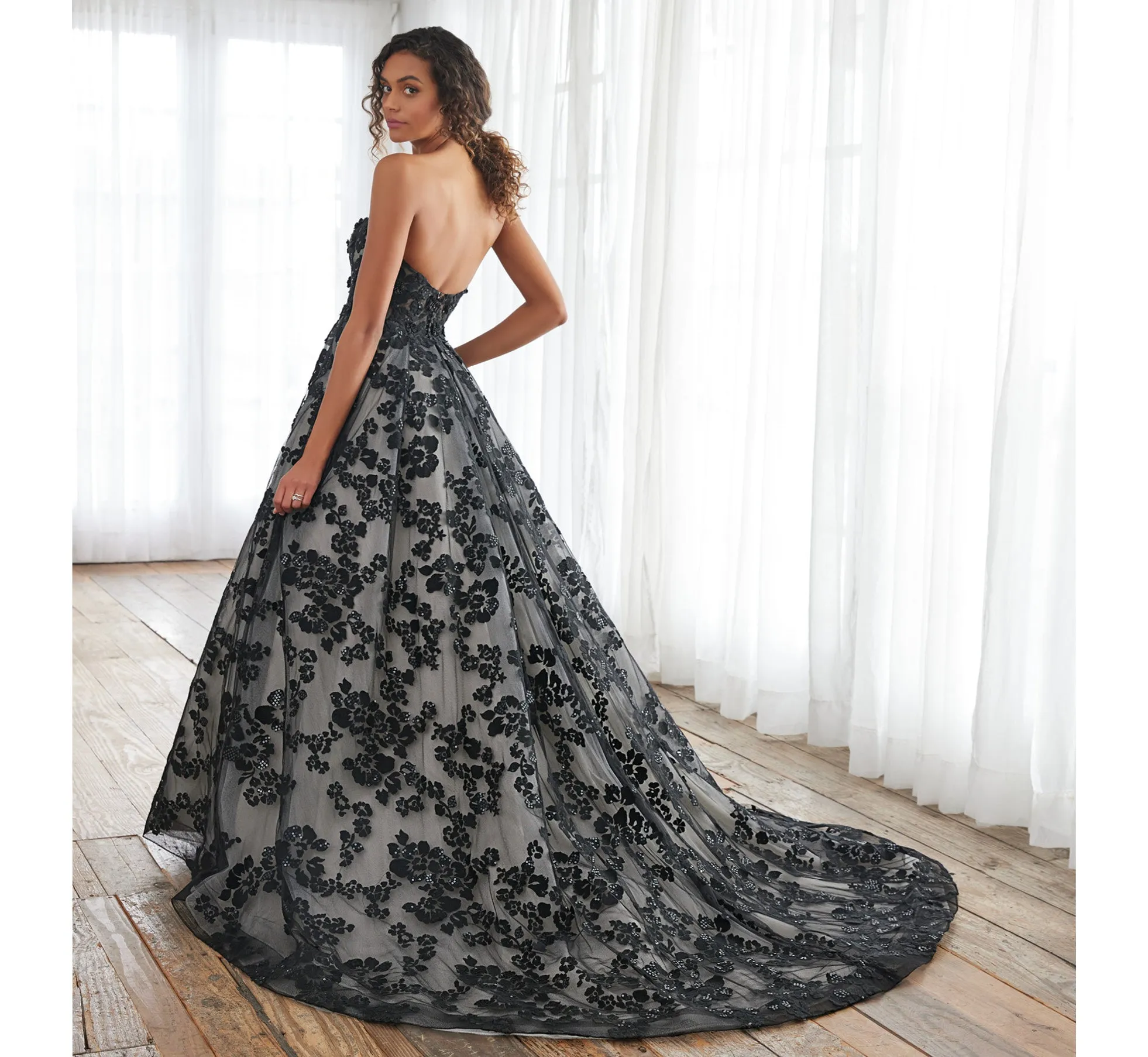 Floral Hand-Beaded Strapless A-Line Gown In Black Oyster Nude