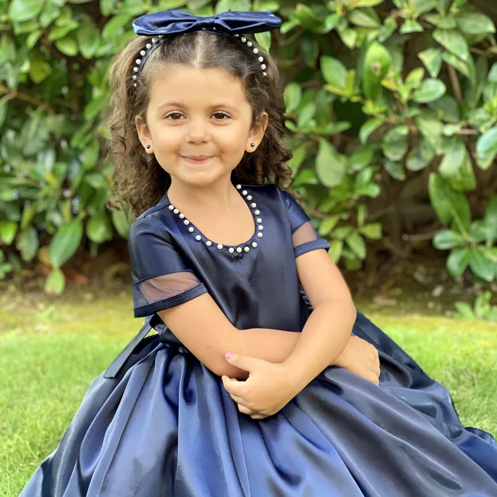 Girls' navy satin dress with bodice and bow