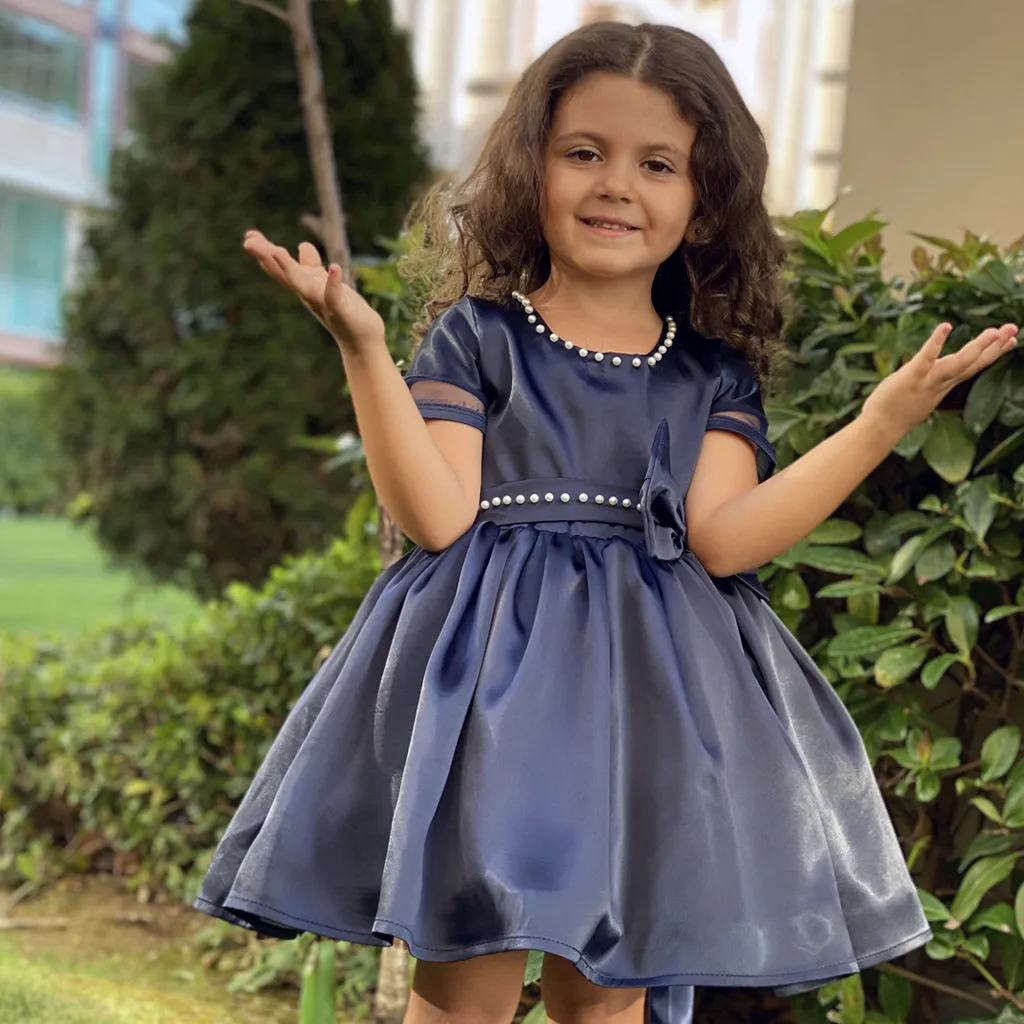 Girls' navy satin dress with bodice and bow