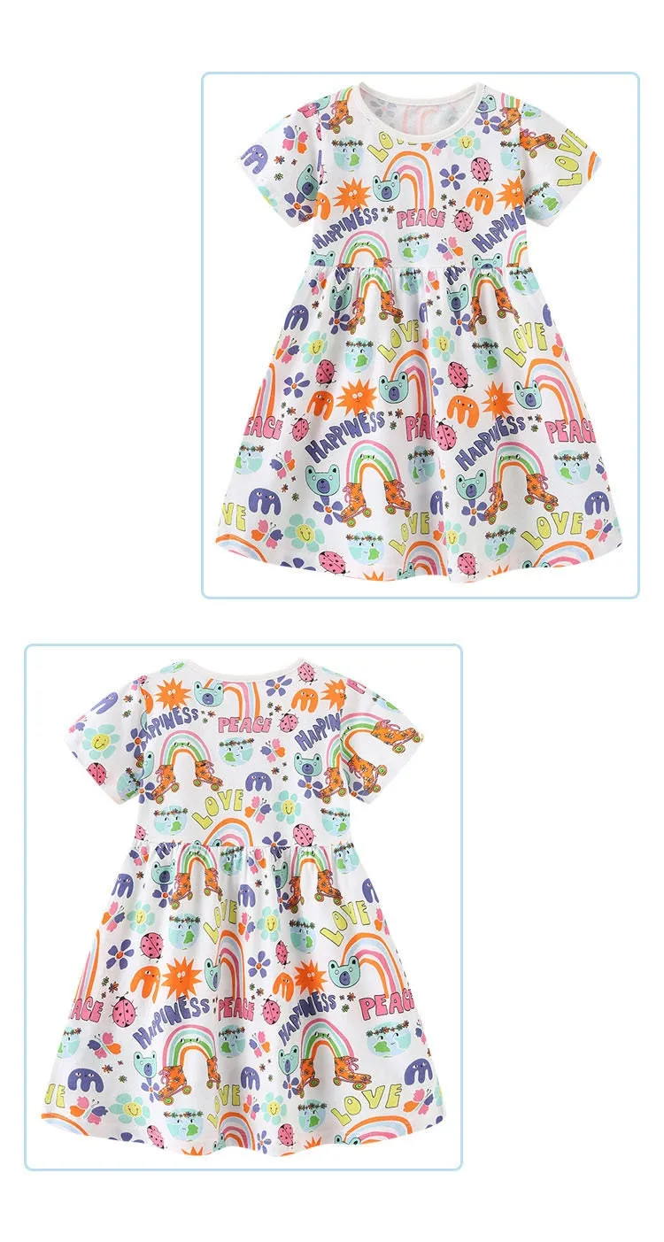 Girls Rainbow Pattern Short Sleeve Little Cute Girls Summer Tutu Dress