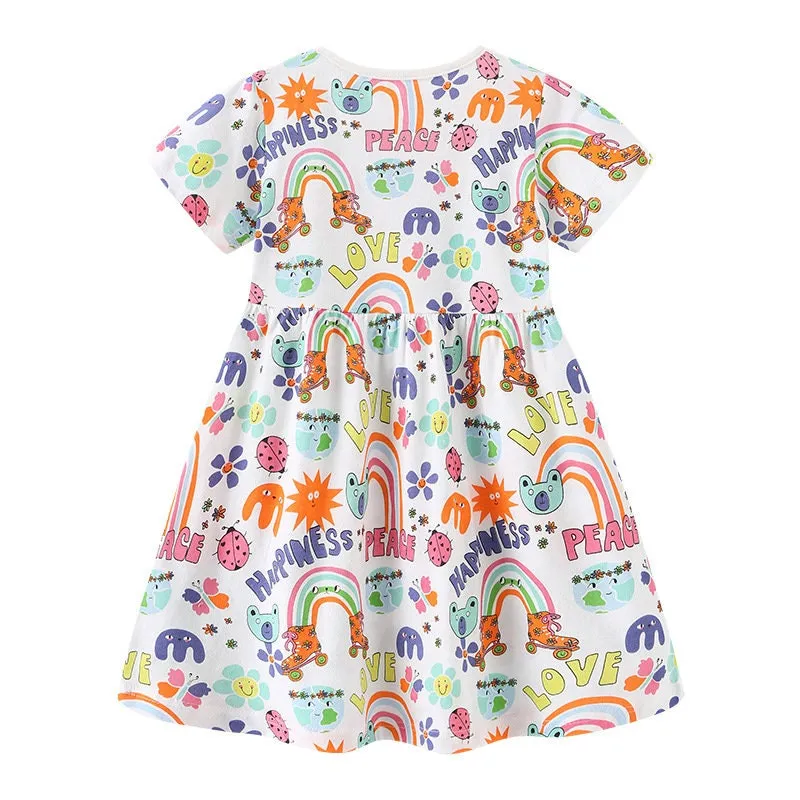 Girls Rainbow Pattern Short Sleeve Little Cute Girls Summer Tutu Dress