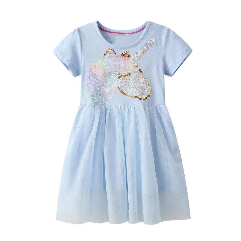 Girls Unicorn Pattern Blue Short Sleeve dress