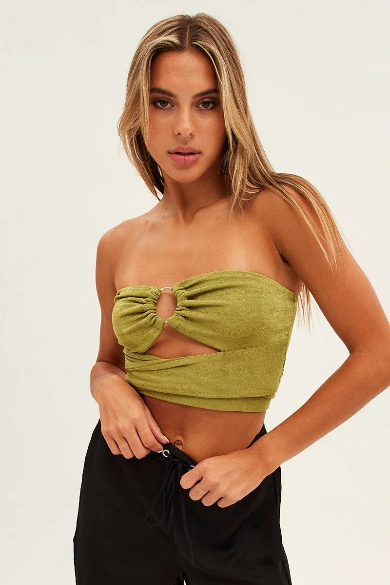 Green Ring Detail Strapless Crop Top