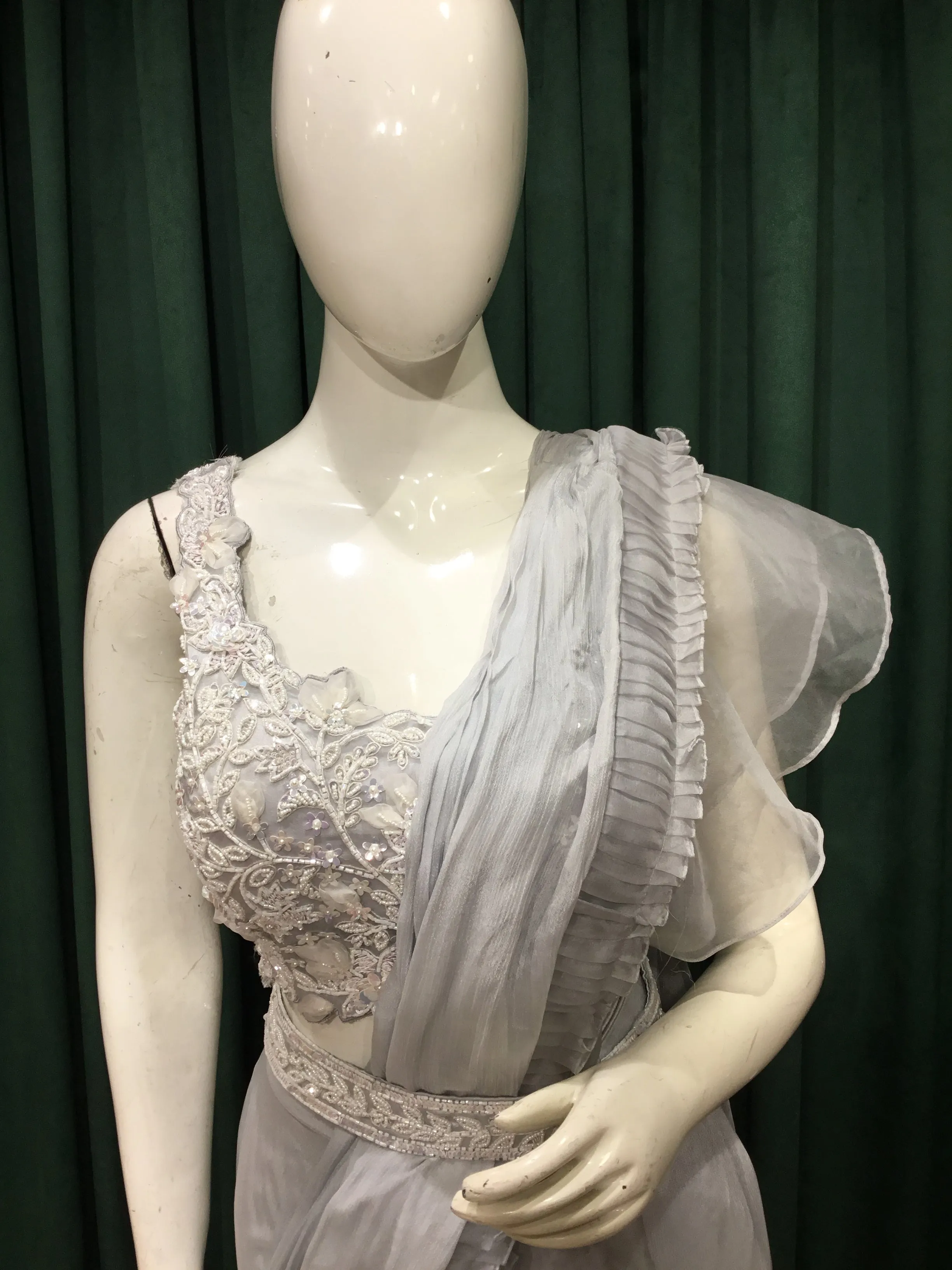 Grey Chiffon Drape Saree With Pearl and Japanese Cut Dana Work