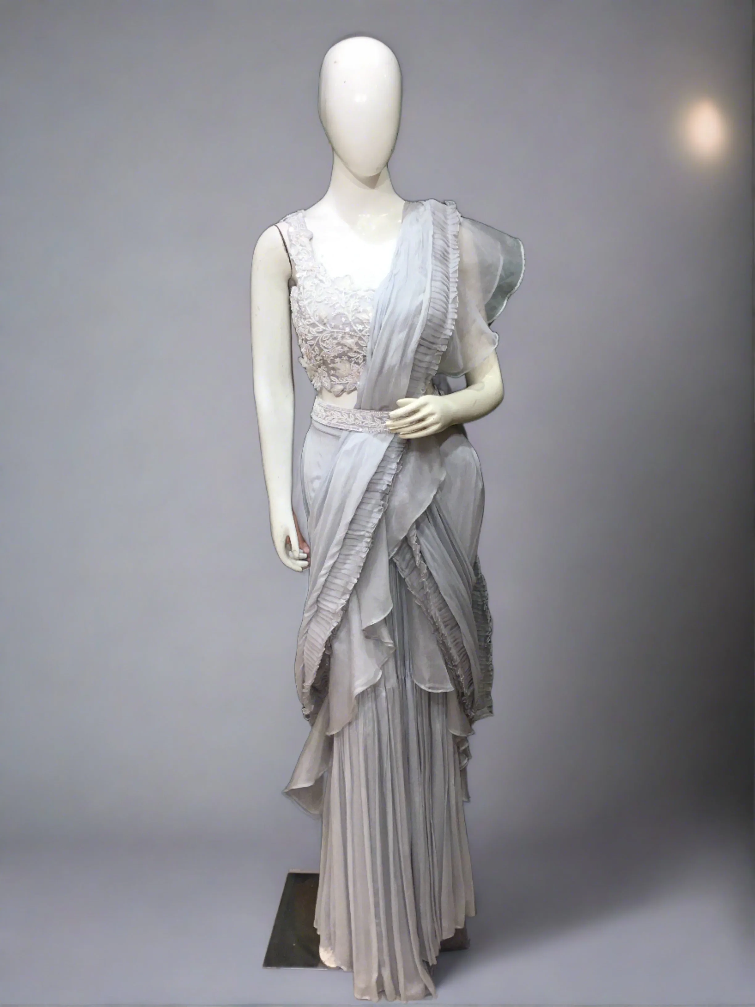 Grey Chiffon Drape Saree With Pearl and Japanese Cut Dana Work