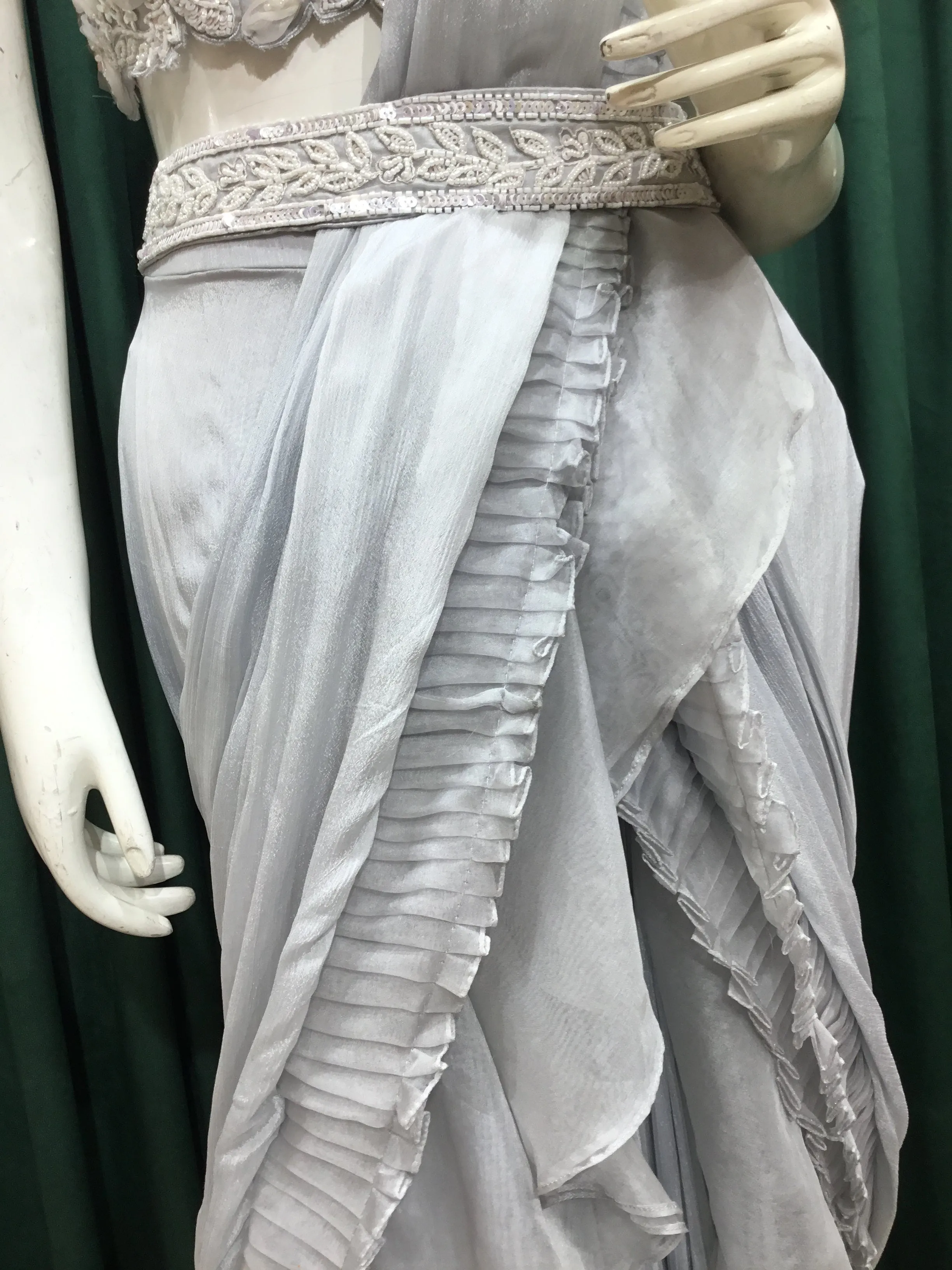 Grey Chiffon Drape Saree With Pearl and Japanese Cut Dana Work