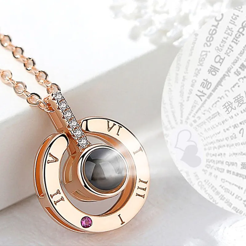 Huitan Hot Sale Round/Heart Pendant Necklace for Women with Unique Projection Function 100 Language "I LOVE YOU" Love Necklaces