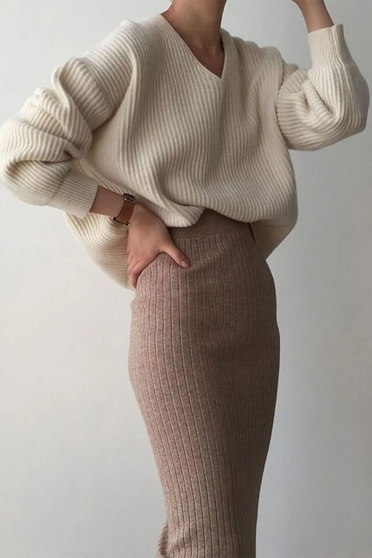 Khaki Ribbed Knit High Waist Long Skirt