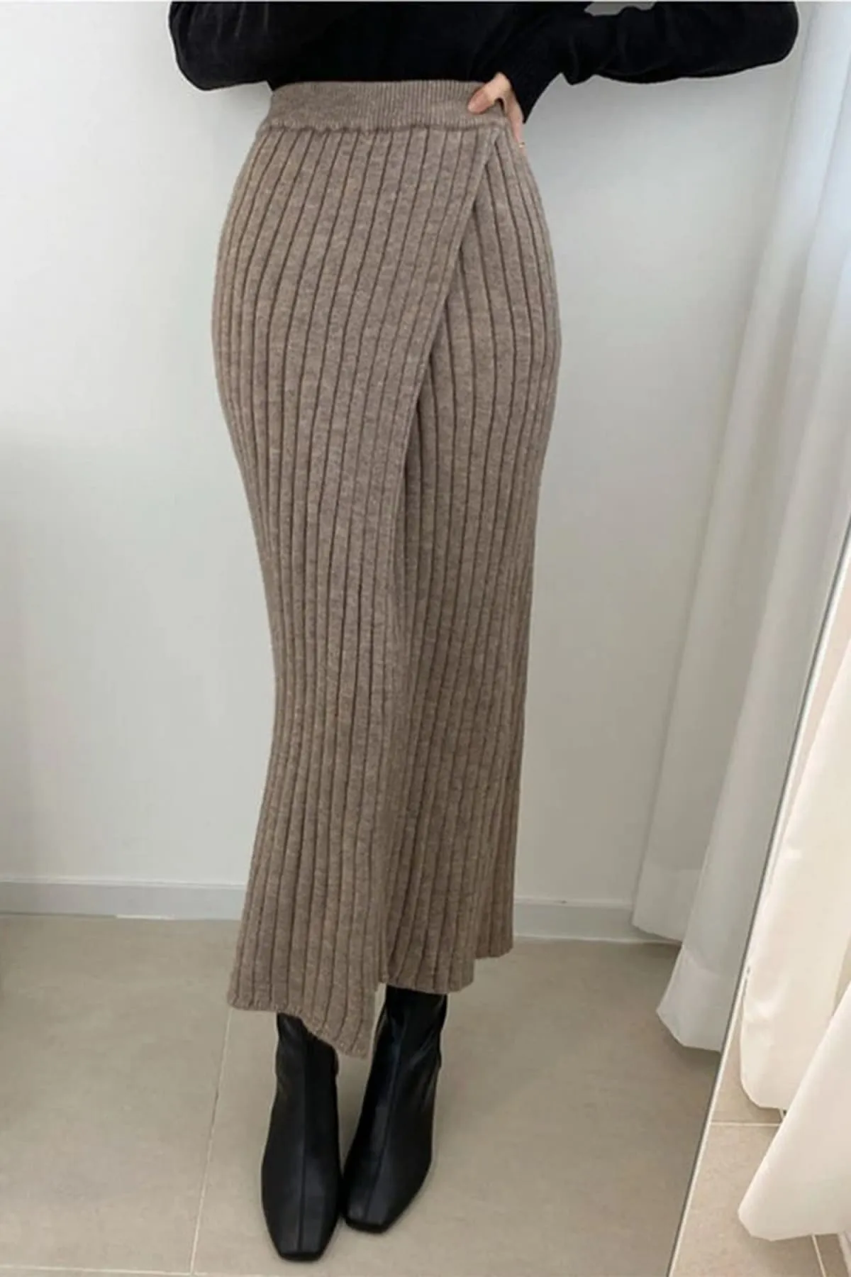 Khaki Ribbed Knit High Waist Long Skirt