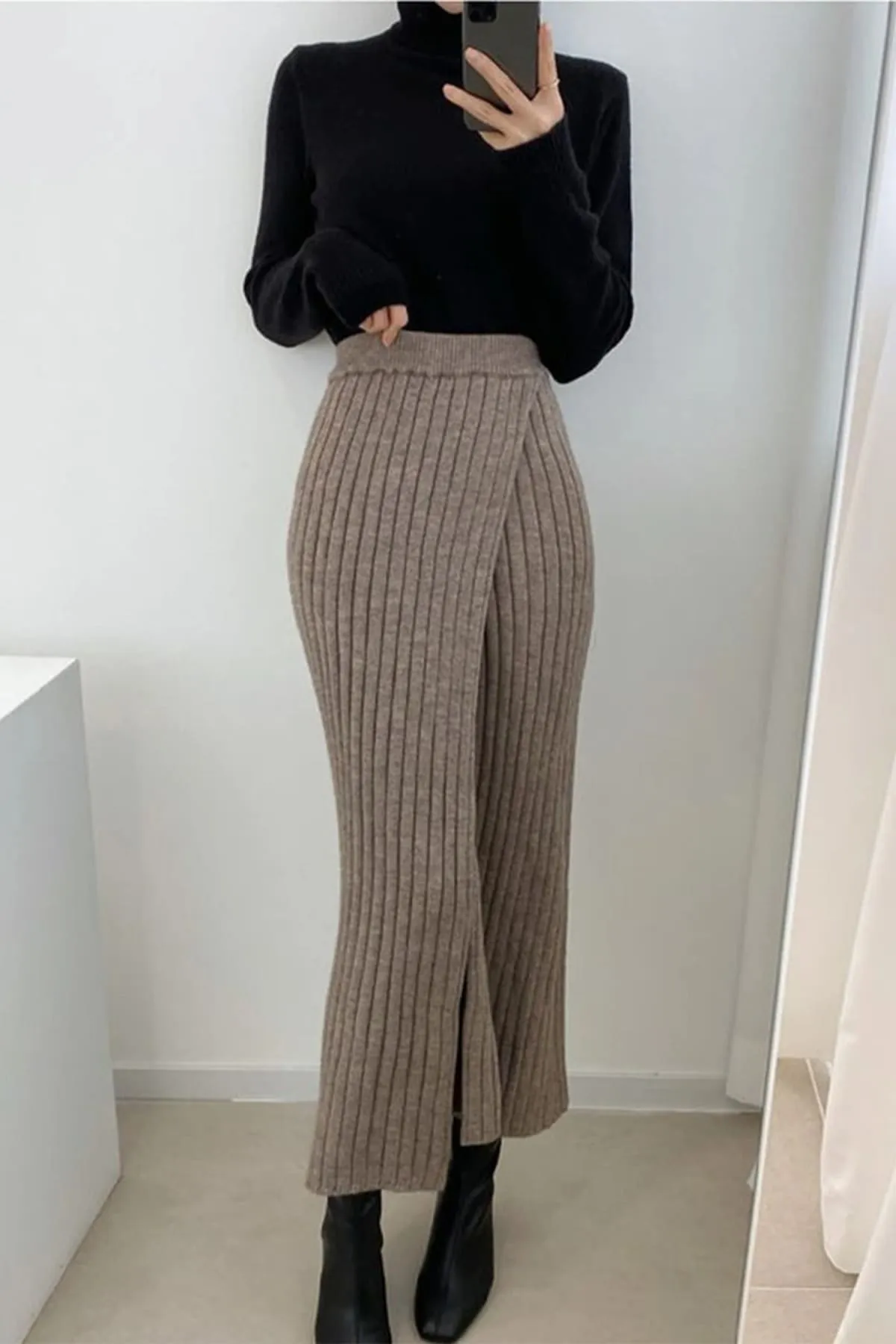 Khaki Ribbed Knit High Waist Long Skirt