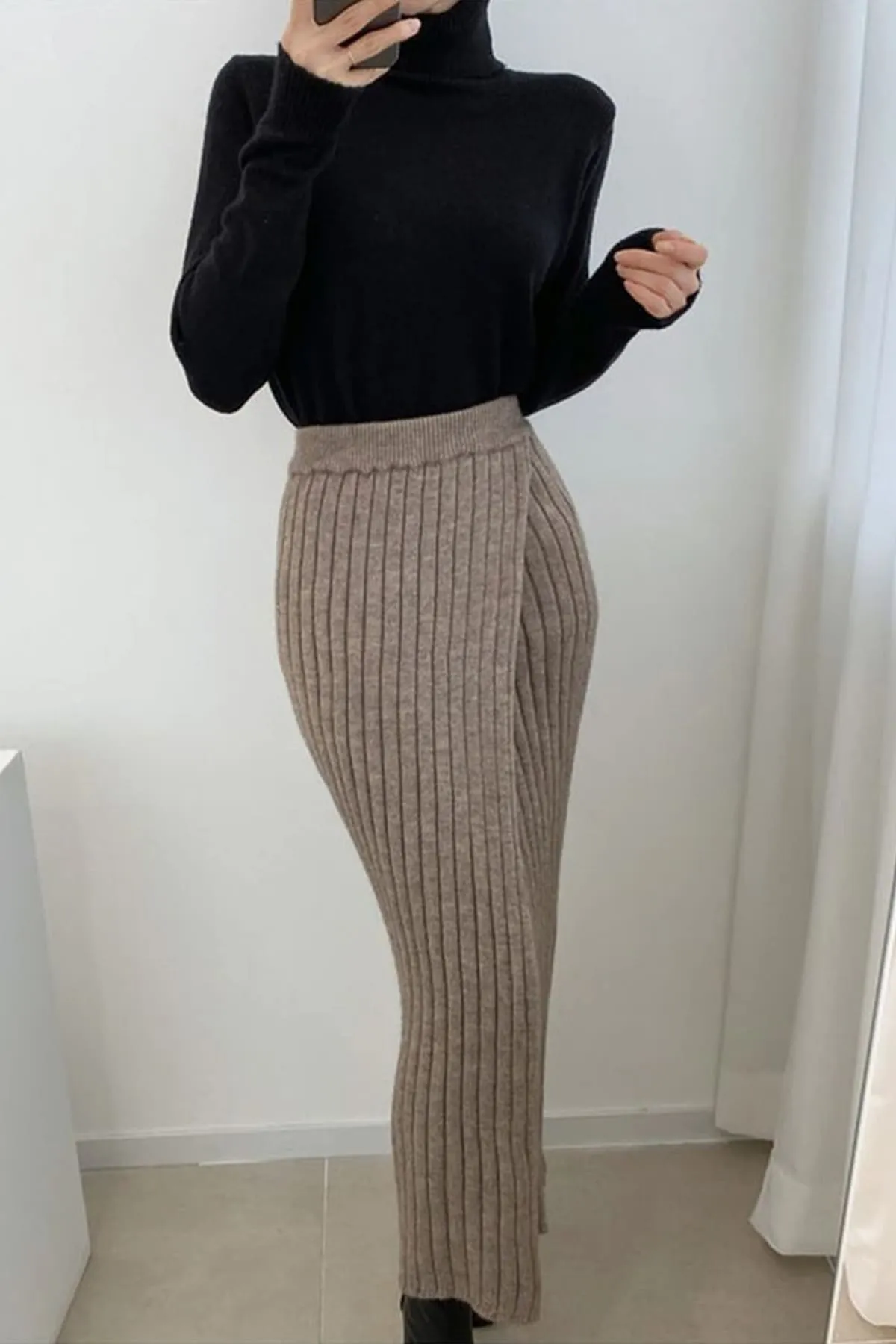 Khaki Ribbed Knit High Waist Long Skirt