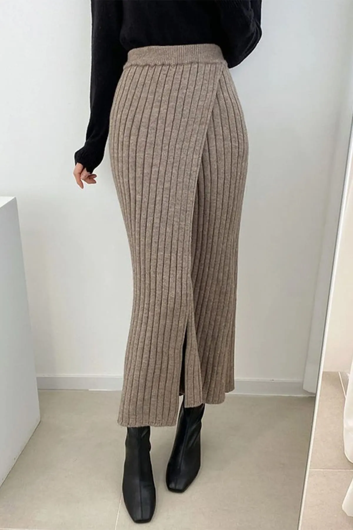 Khaki Ribbed Knit High Waist Long Skirt