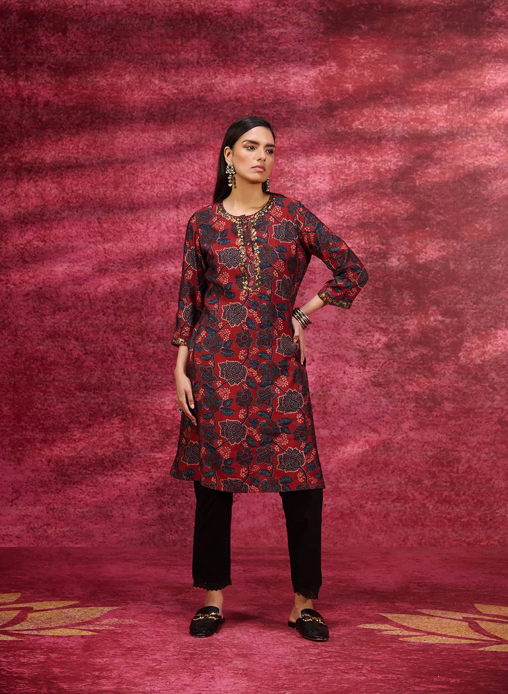 Layla Maroon Printed Chanderi Tunic for Women