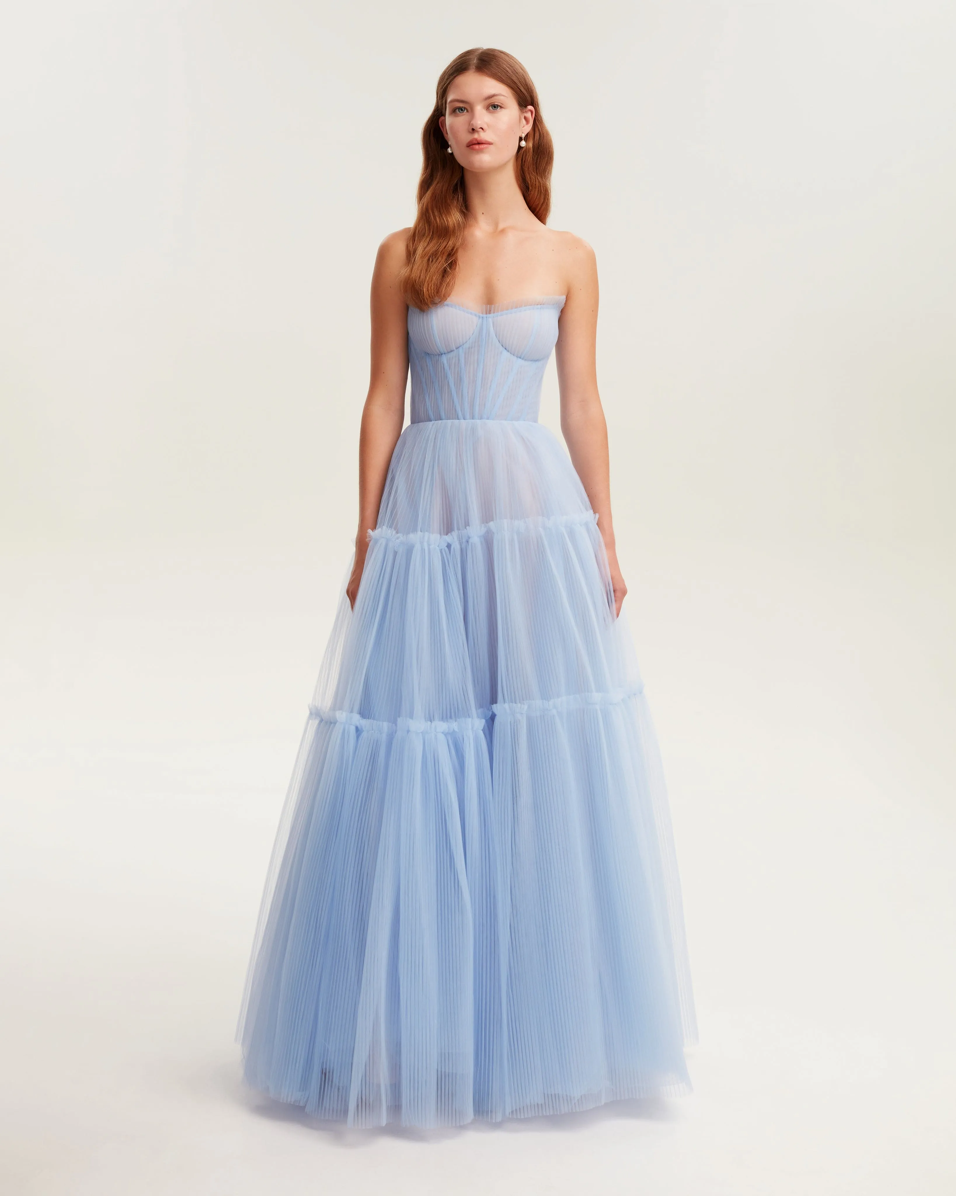 Light blue tulle maxi dress with ruffled skirt, Garden of Eden