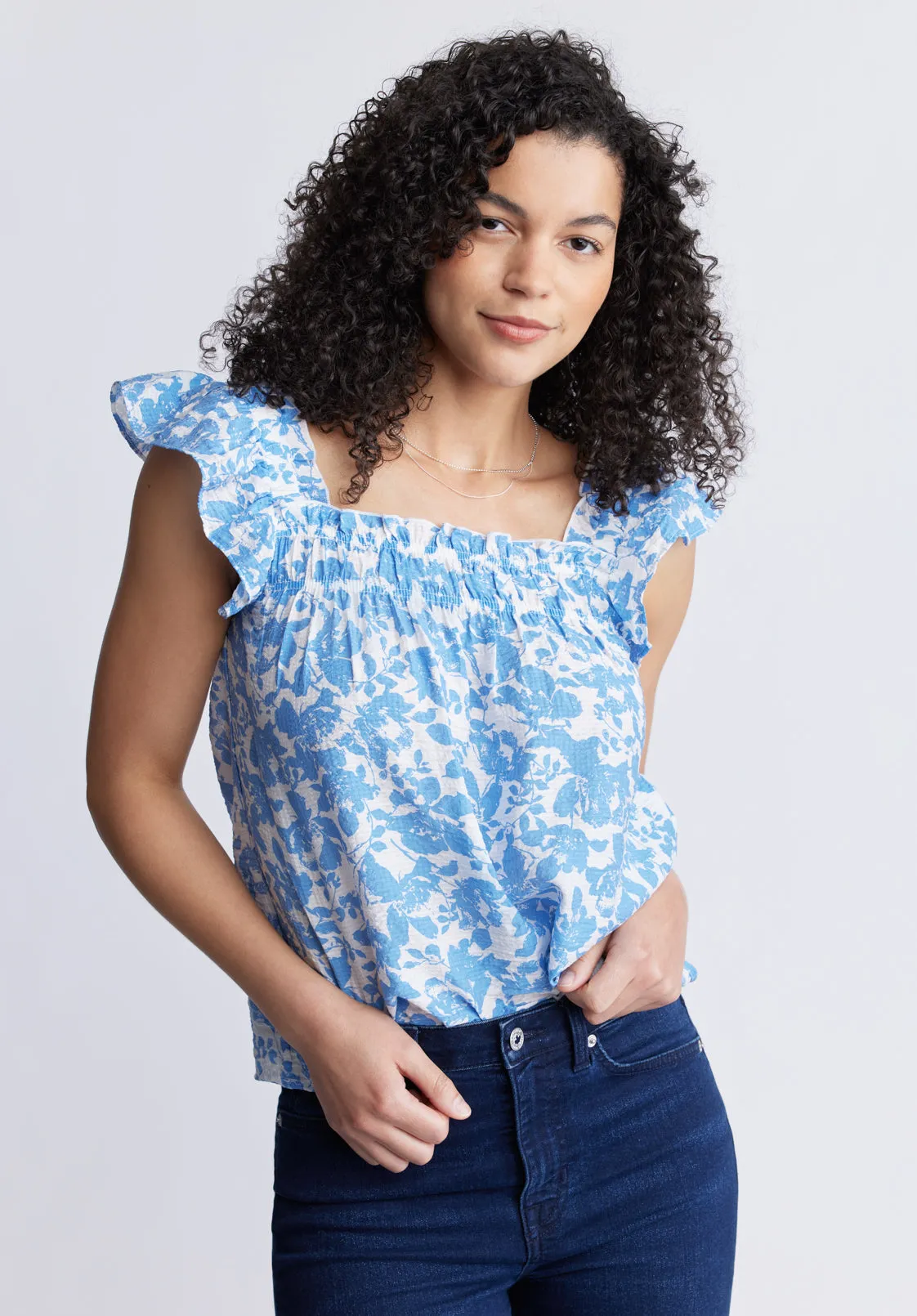 Mabilia Women's Flutter Sleeve Top, Blue Flowers - WT0108S