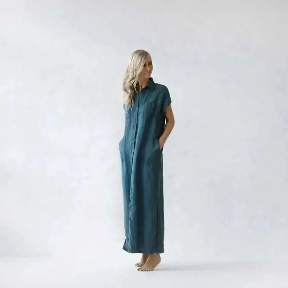 Maxi sleeveless shirt dress in teal by Seaside Tones