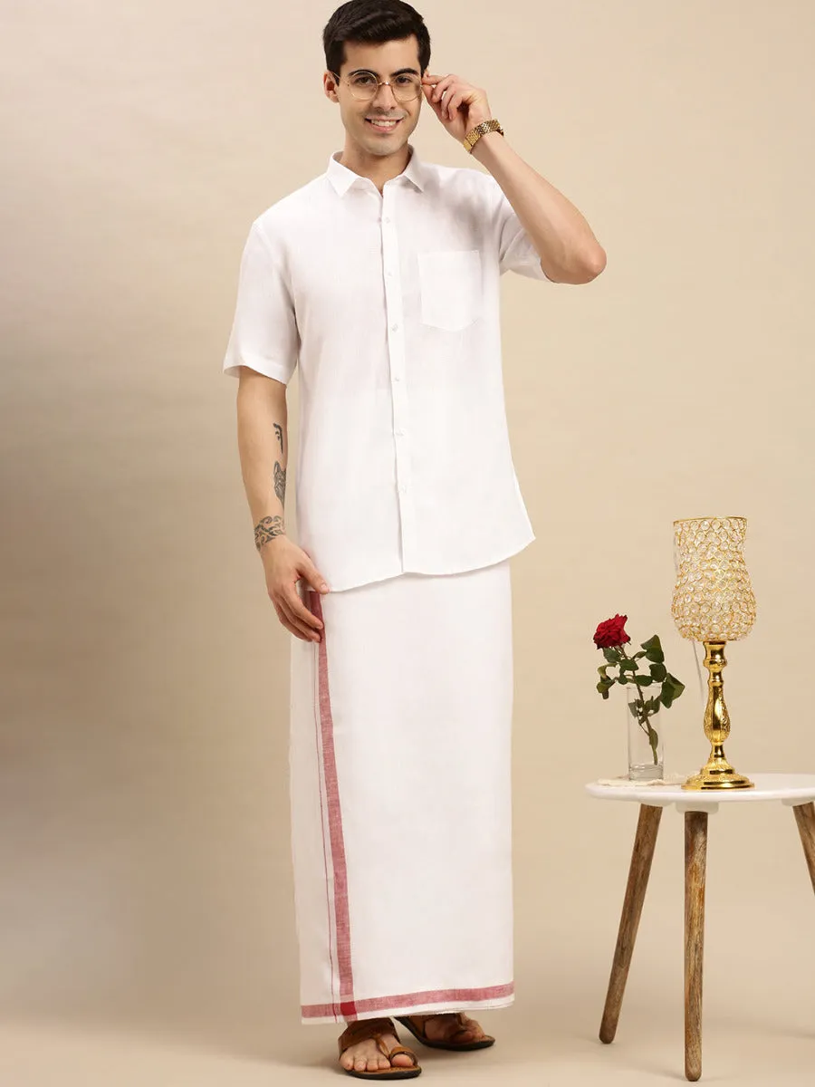 Mens Premium Pure Linen Shirt Half Sleeve with Double Dhoti White 770