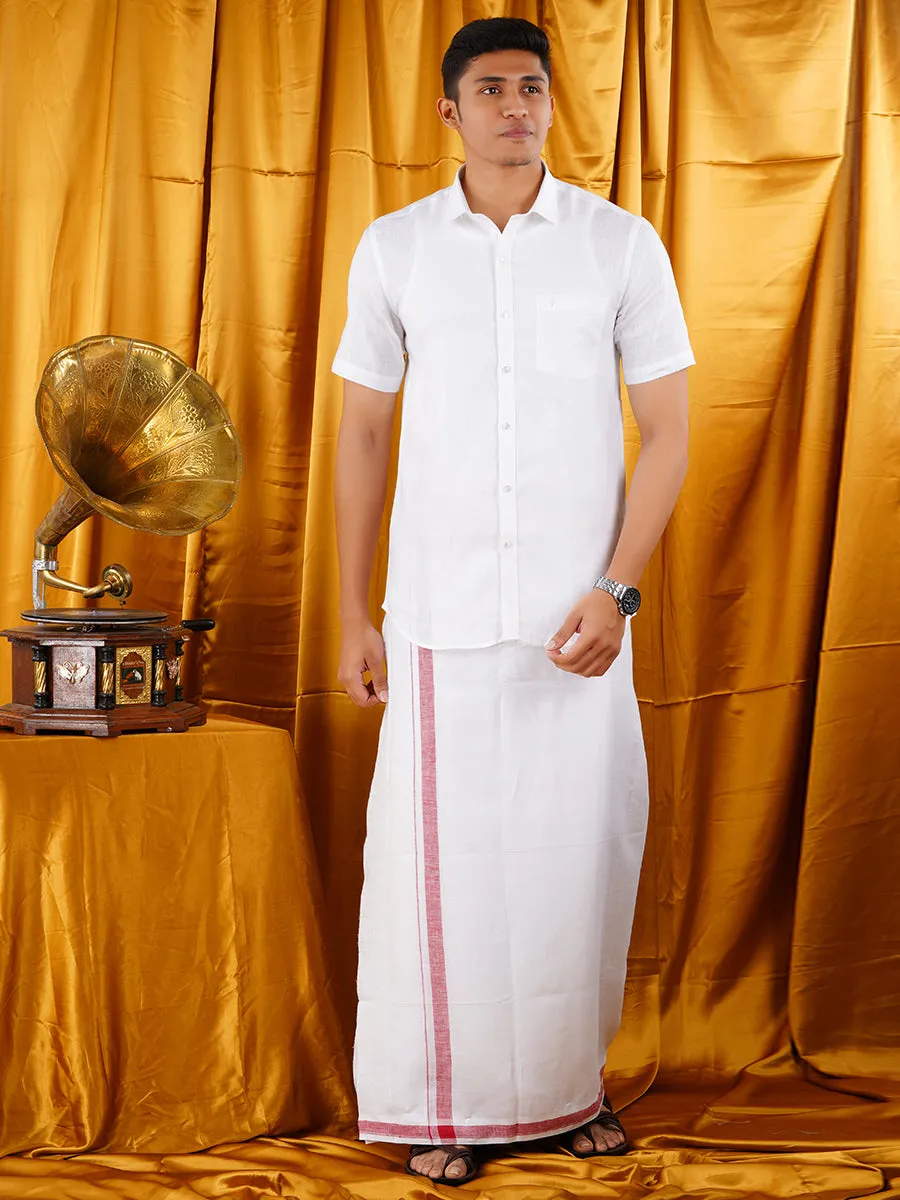 Mens Premium Pure Linen Shirt Half Sleeve with Double Dhoti White 770