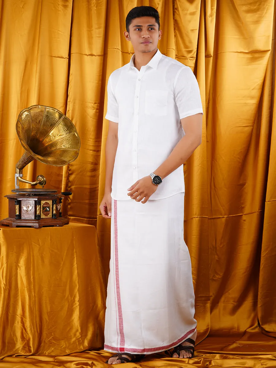 Mens Premium Pure Linen Shirt Half Sleeve with Double Dhoti White 770