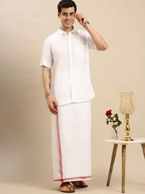 Mens Premium Pure Linen Shirt Half Sleeve with Double Dhoti White 770