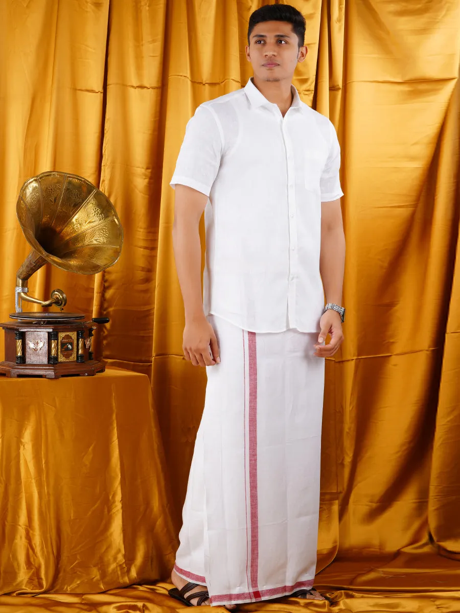 Mens Premium Pure Linen Shirt Half Sleeve with Double Dhoti White 770