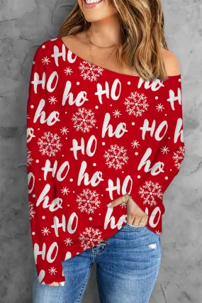 Merry Christmas HO Print Off the Shoulder Long Sleeve Blouse Tops