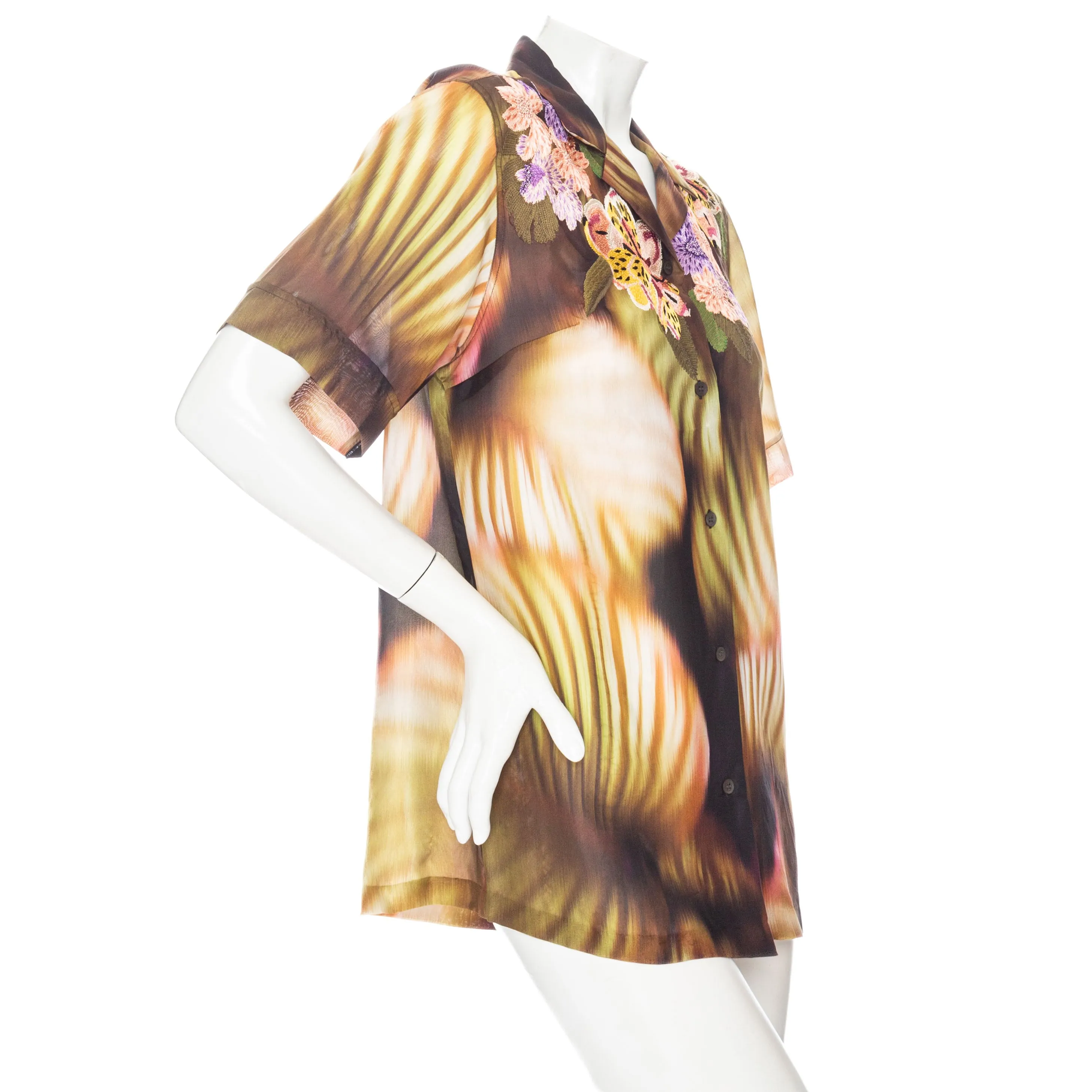 Multicolored Silk Abstract-Print Embroidered Floral Shirt