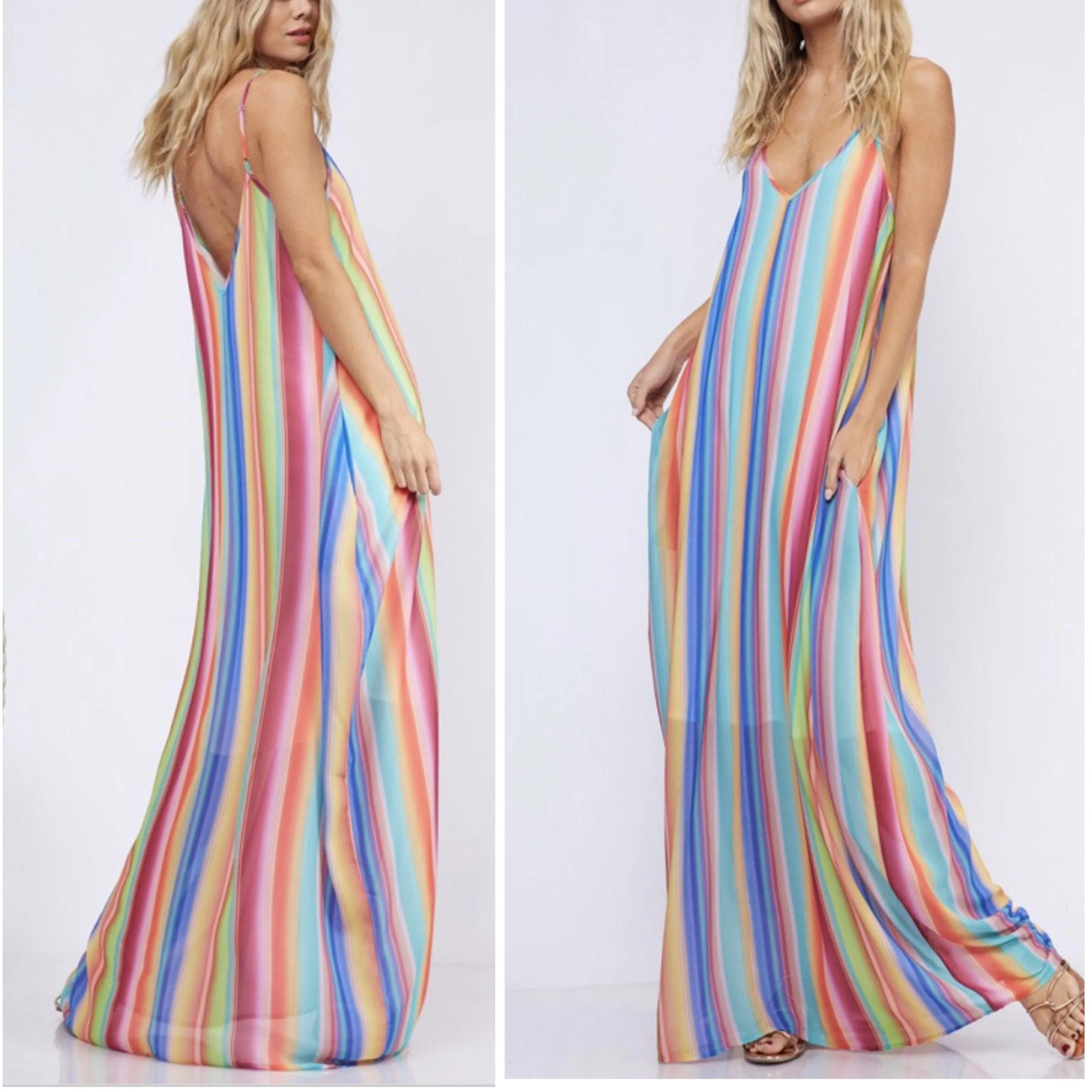 New Sexy Multicolored Boho Chic Maxi Dress With Pockets