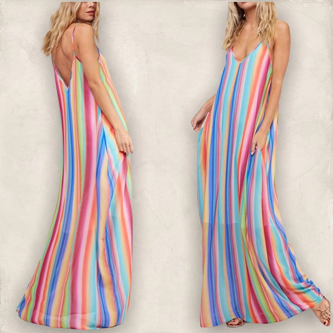 New Sexy Multicolored Boho Chic Maxi Dress With Pockets