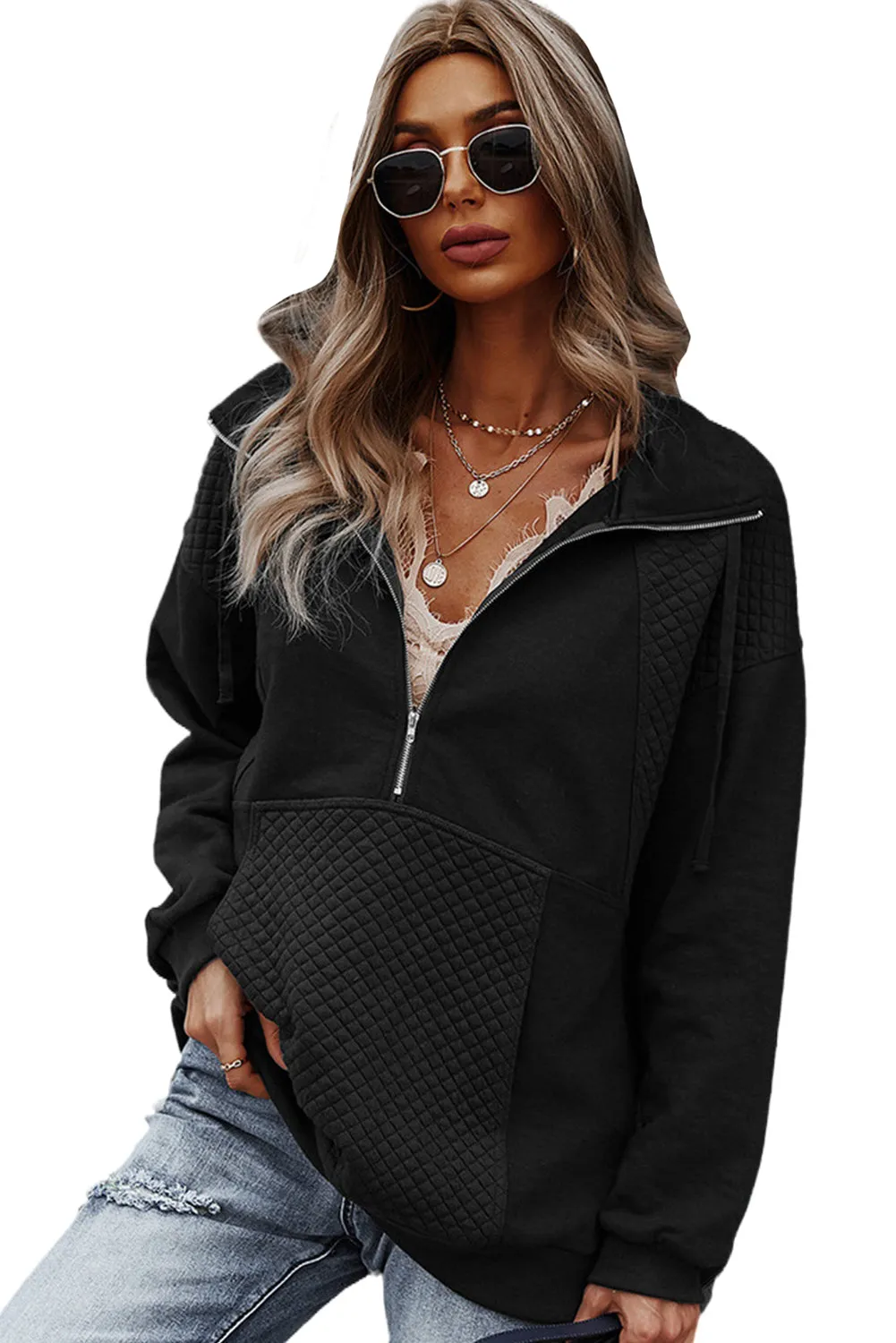 Quilted Patch Half Zipper Sweatshirt