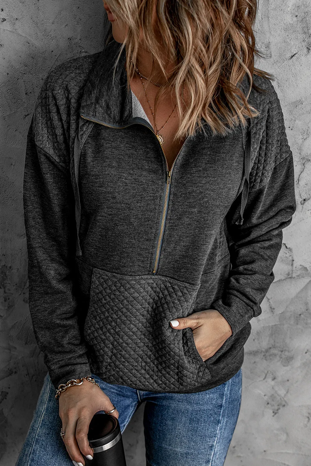 Quilted Patch Half Zipper Sweatshirt