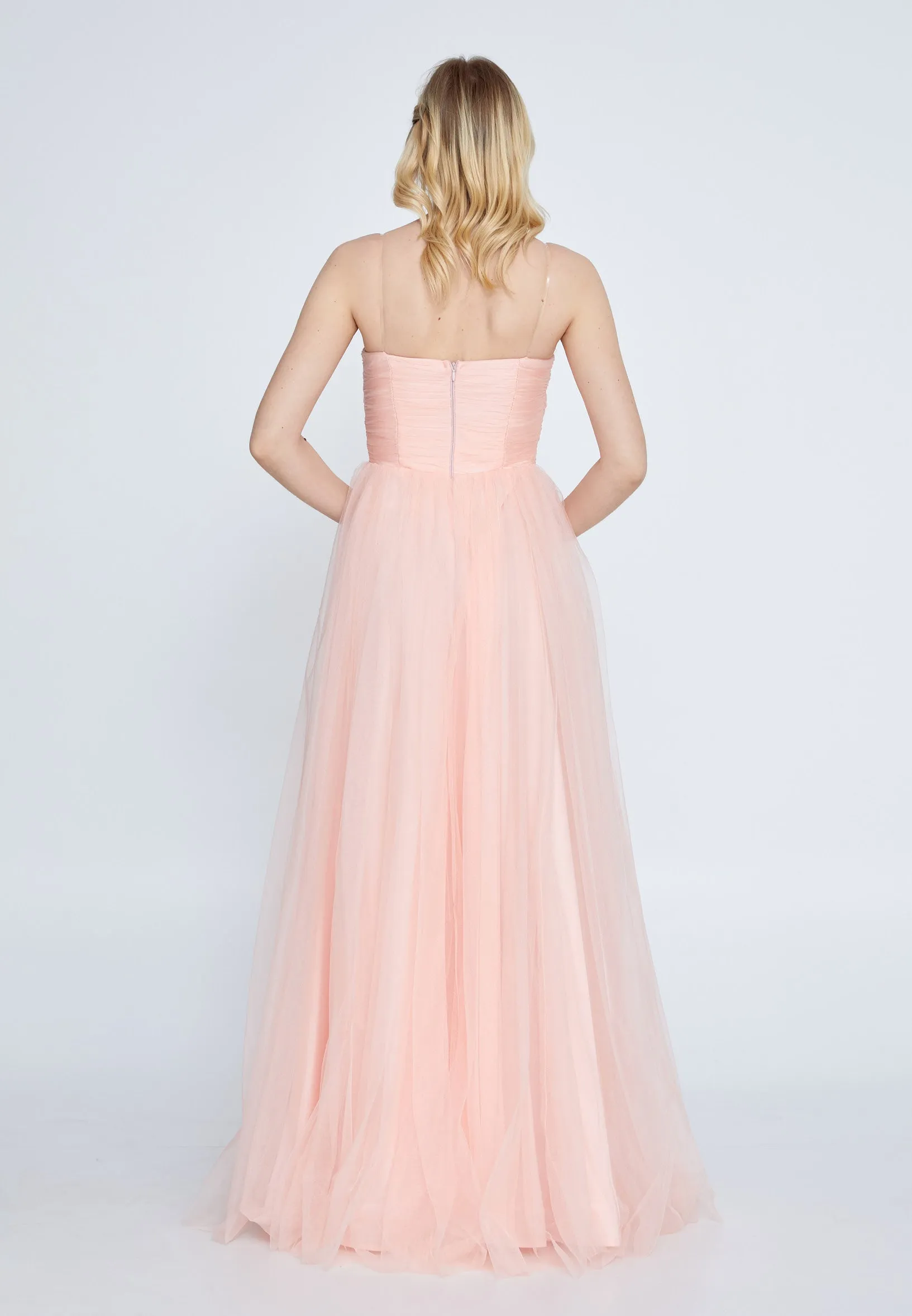 Strapless Maxi Tulle A - Line Regular Prom Dress - Peach