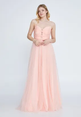 Strapless Maxi Tulle A - Line Regular Prom Dress - Peach