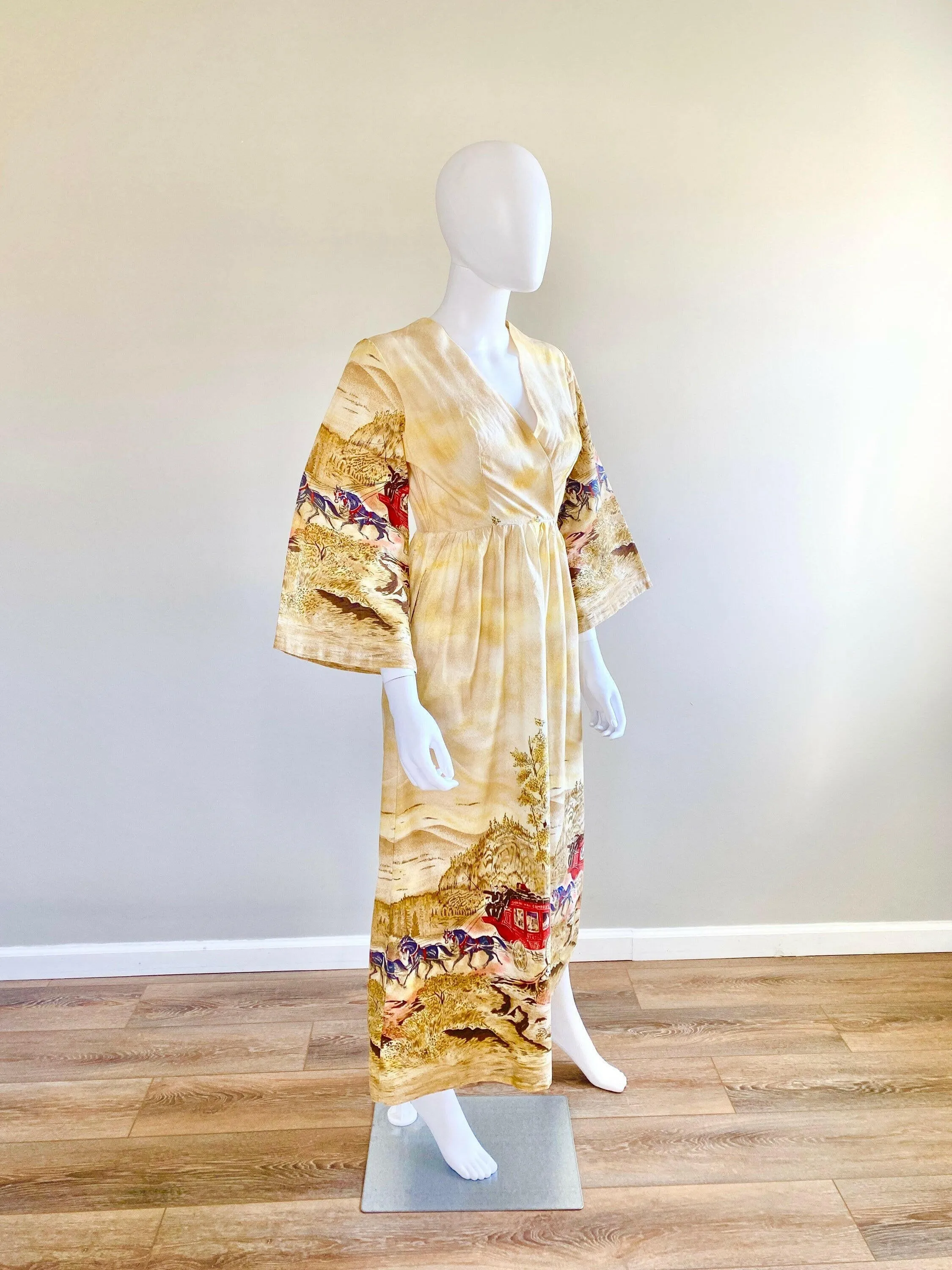 Vintage 1970s John Wolf Stagecoach Novelty Print Maxi Dress / 70s Retro cotton bell sleeve dress / Size S