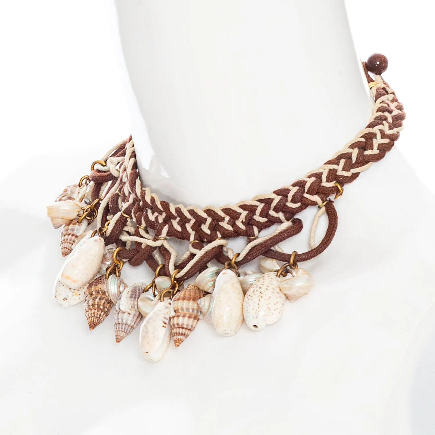 Vintage Brown and Cream Braided Shell Necklace