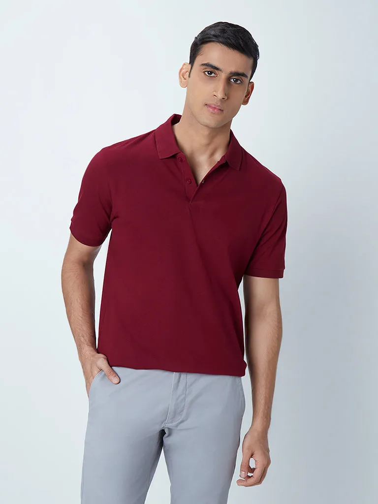 WES Casuals Maroon Cotton Blend Relaxed-Fit Polo T-Shirt