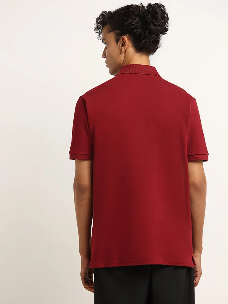 WES Casuals Maroon Cotton Blend Slim-Fit Polo T-Shirt