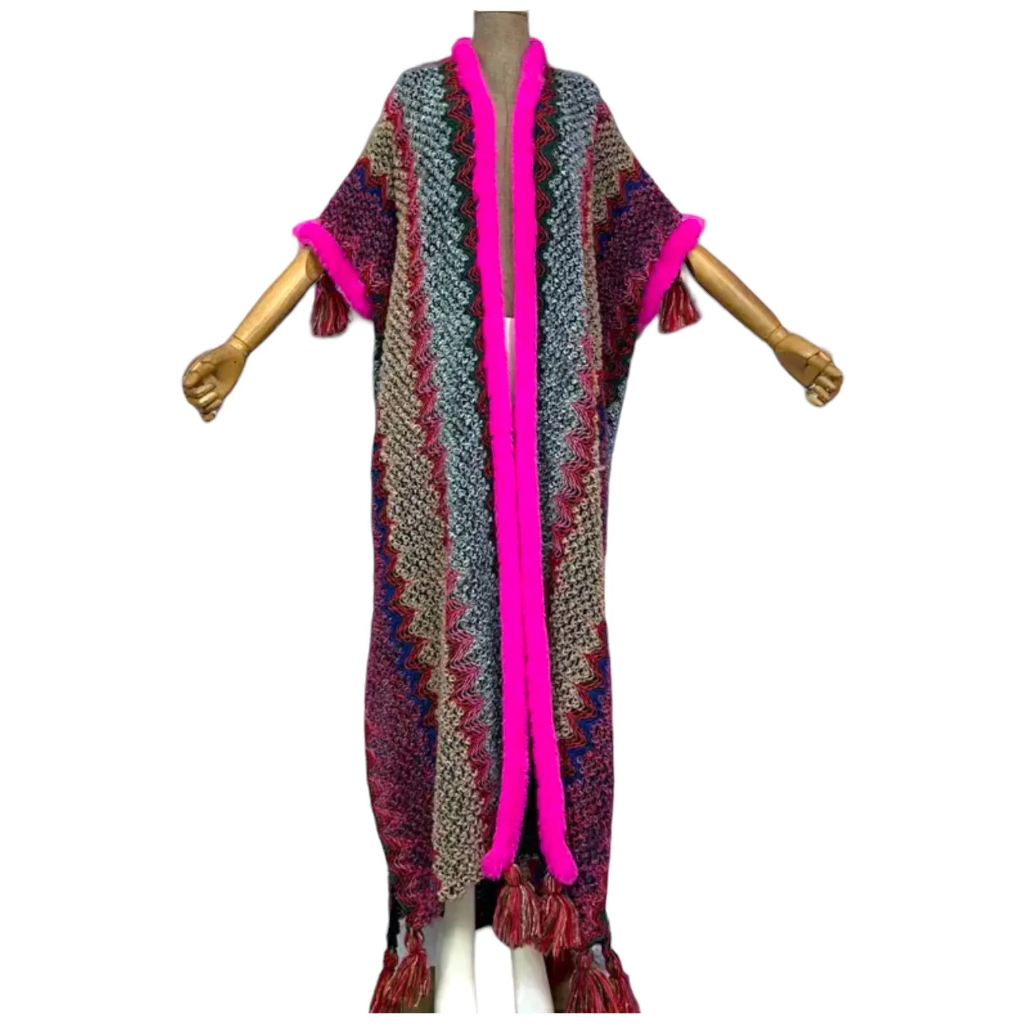 Woman Bohemian Hot Pink Tassel Knitted Maxi Cardigan