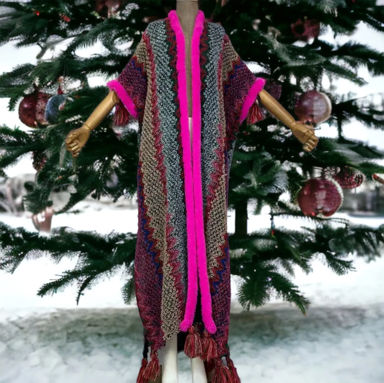 Woman Bohemian Hot Pink Tassel Knitted Maxi Cardigan